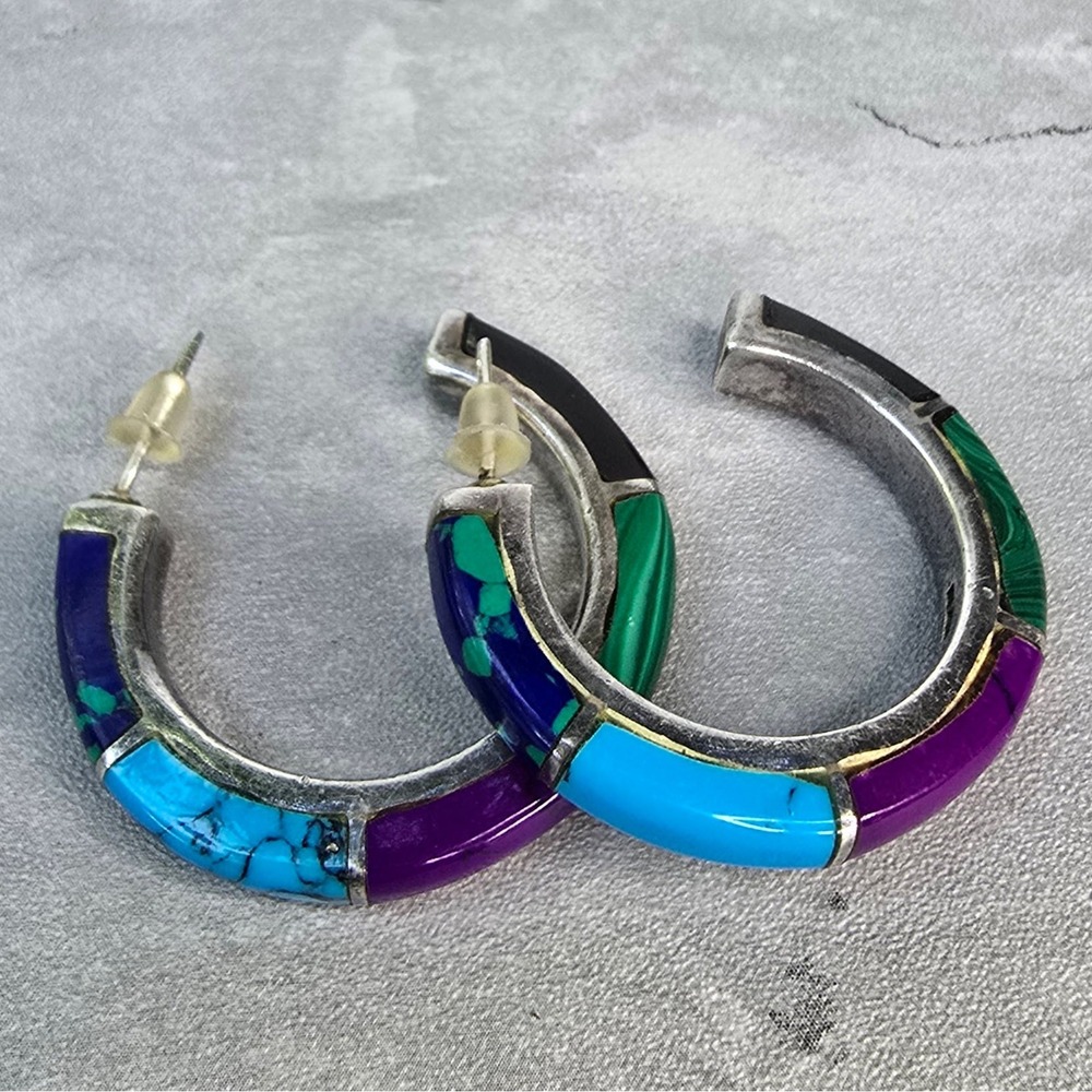Mexico 950 Silver Multi Stone Inlay Hoop Earrings TN-57 Turquoise Malachite 14g